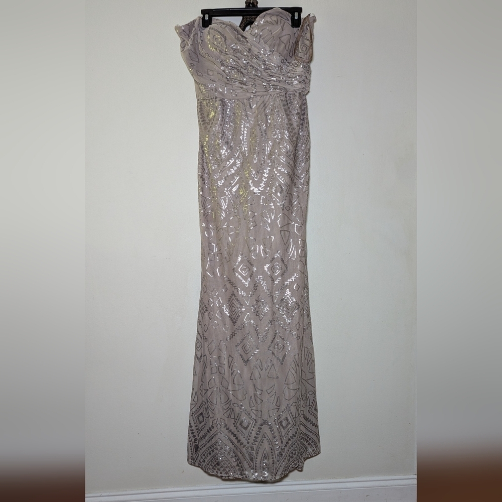 Mori Lee Champagne Sequin Strapless Prom Gown